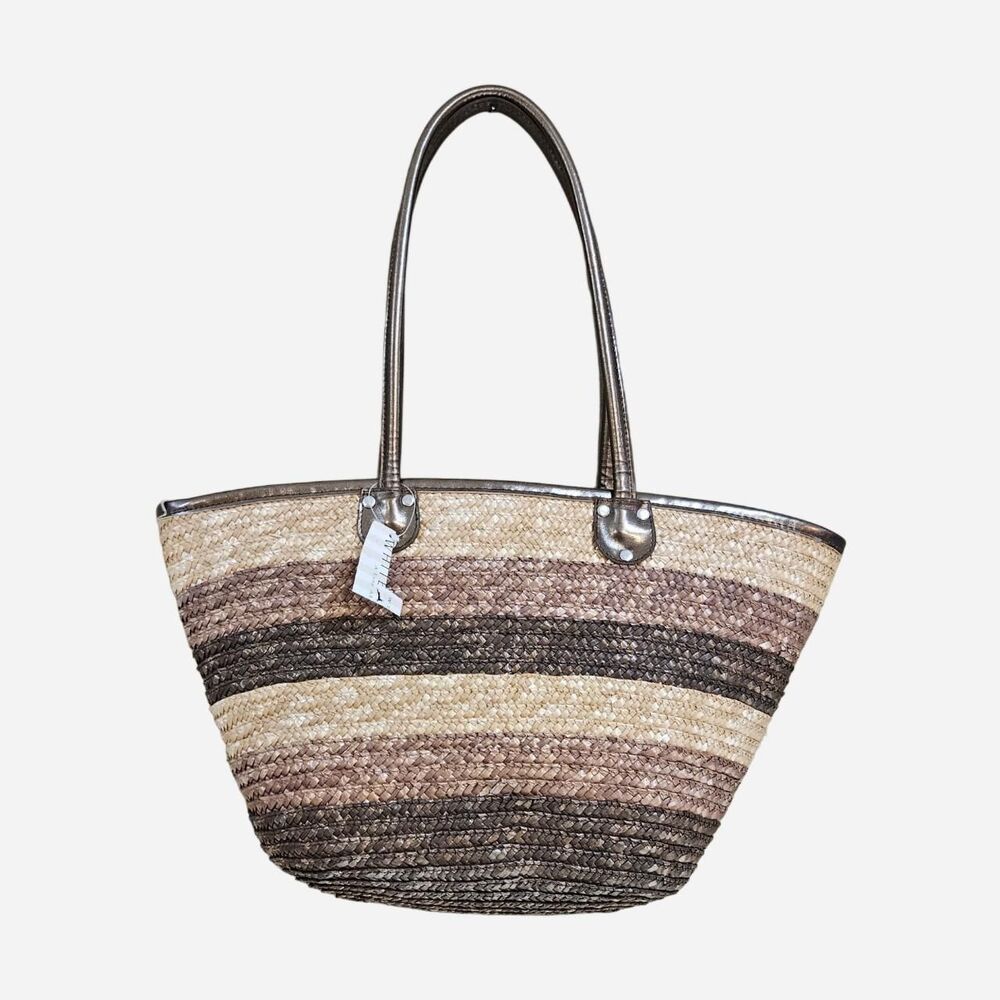 y2k boho hippie brown striped straw tote bag deadstock
